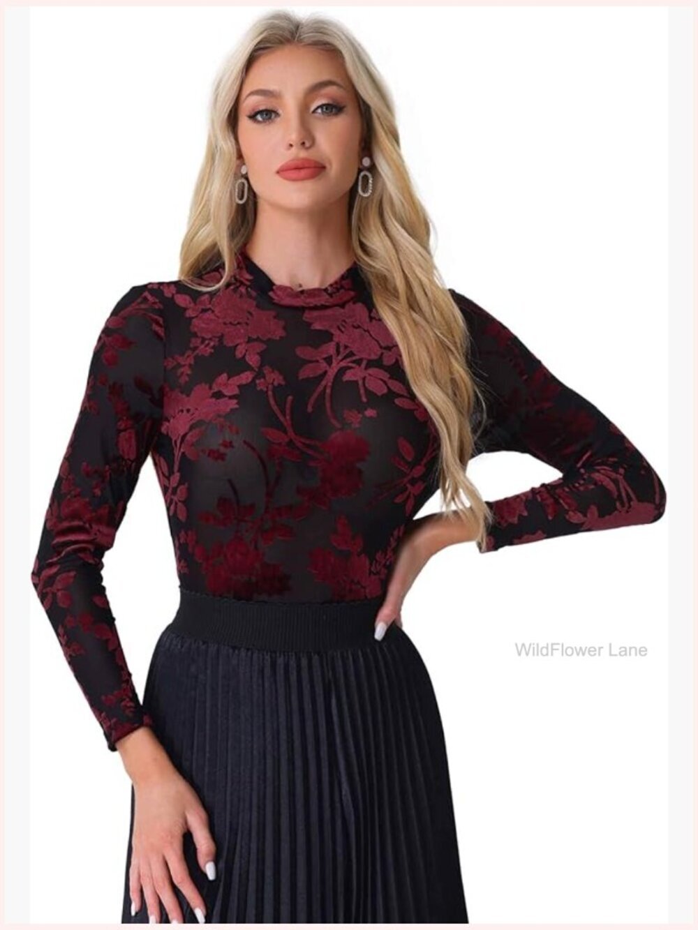 See Through Mesh Top Mock Neck Velvet Floral Print Long Sleeve T-Shirt